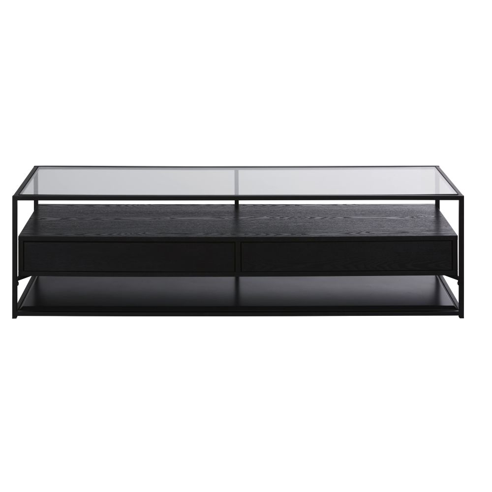 Meuble TV 2 tiroirs en verre et métal noir