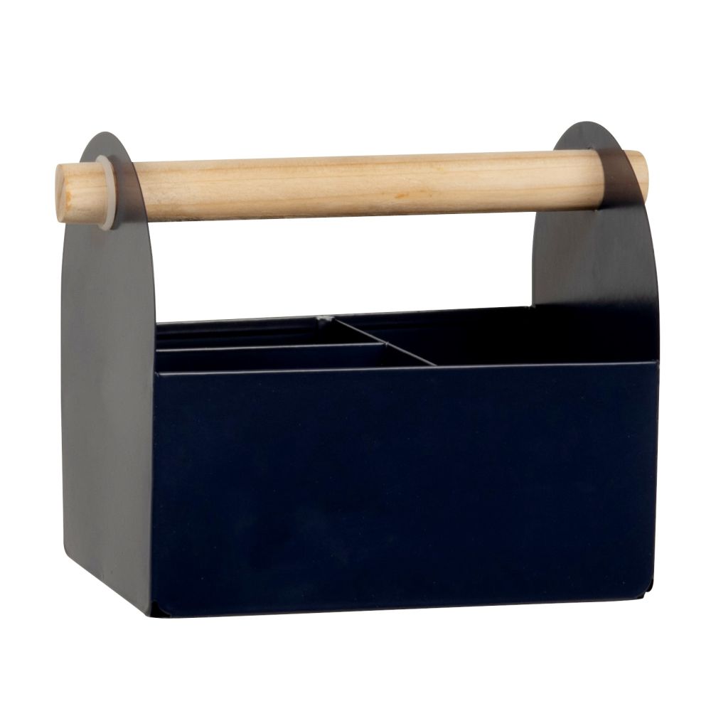 Mini caisse à outils en métal bleu et bois de sapin