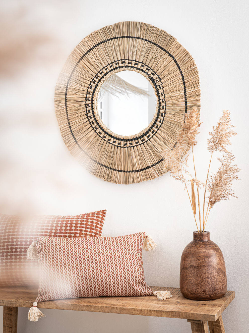 Miroir en jonc de mer noir et beige D70 (photo) Miroir en jonc de mer noir et beige D70