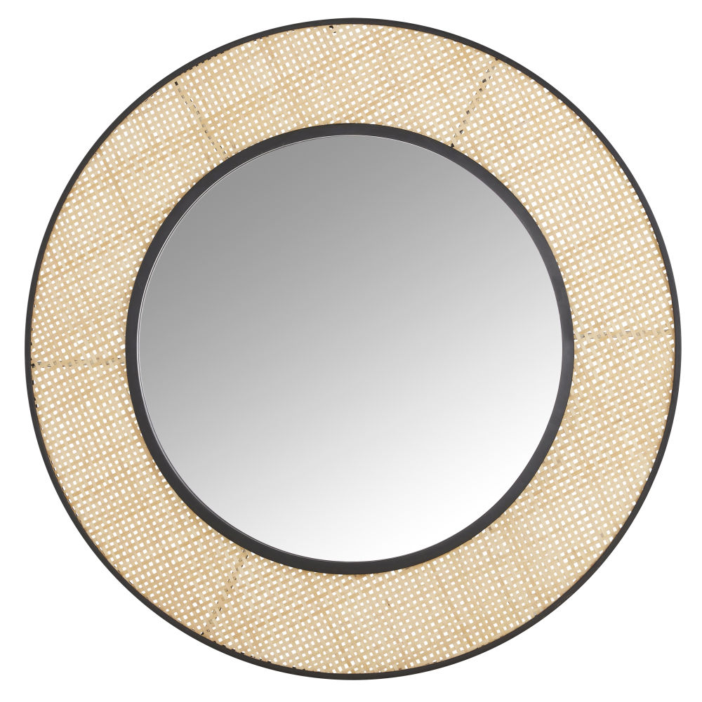 Miroir en rotin tressé beige et métal noir D109