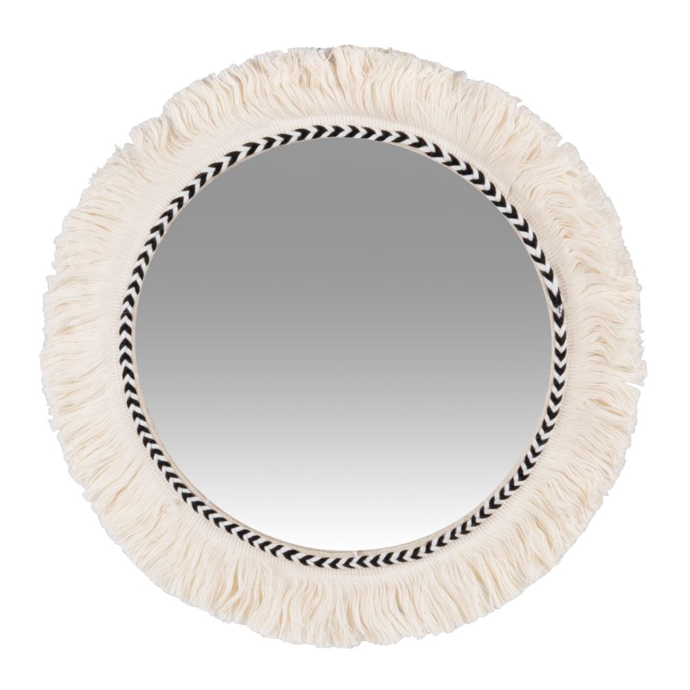 Miroir rond avec franges en coton blanc D33