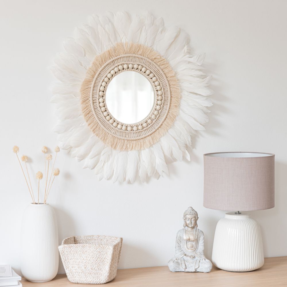 Miroir rond en coton et plumes blanches D60