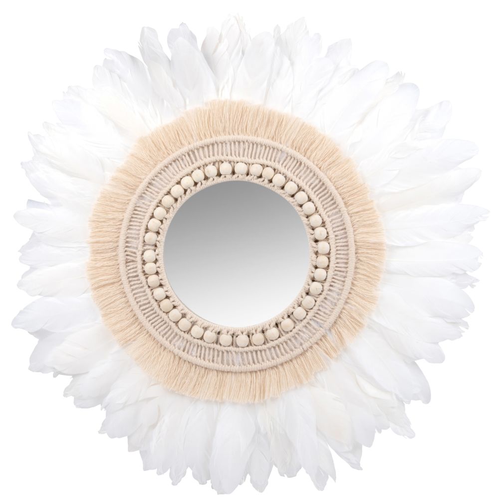 Miroir rond en coton et plumes blanches D60
