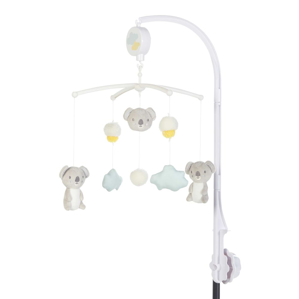 Mobile musical pour bébé en coton blanc, gris et bleu (photo) Mobile musical pour bébé en coton blanc, gris et bleu