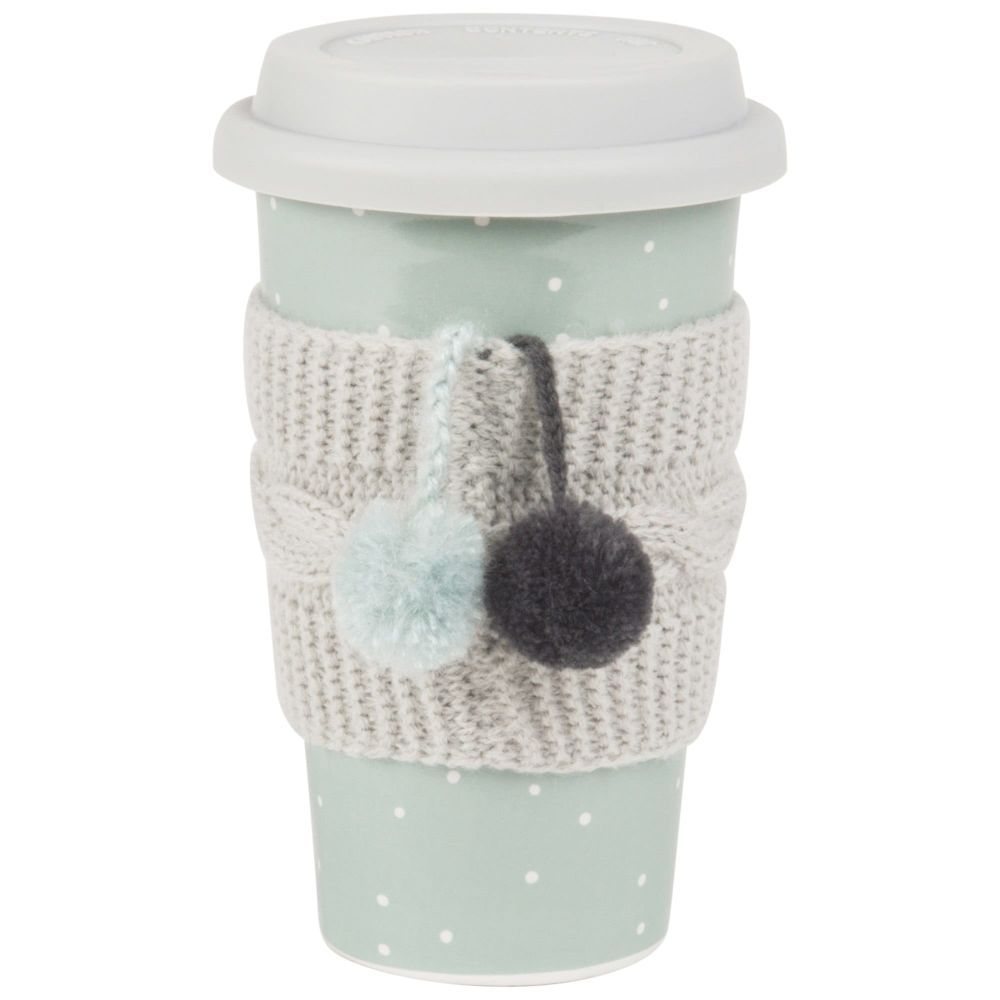 Mug de voyage en faïence verte motifs à pois blancs (photo) Mug de voyage en faïence verte motifs à pois blancs