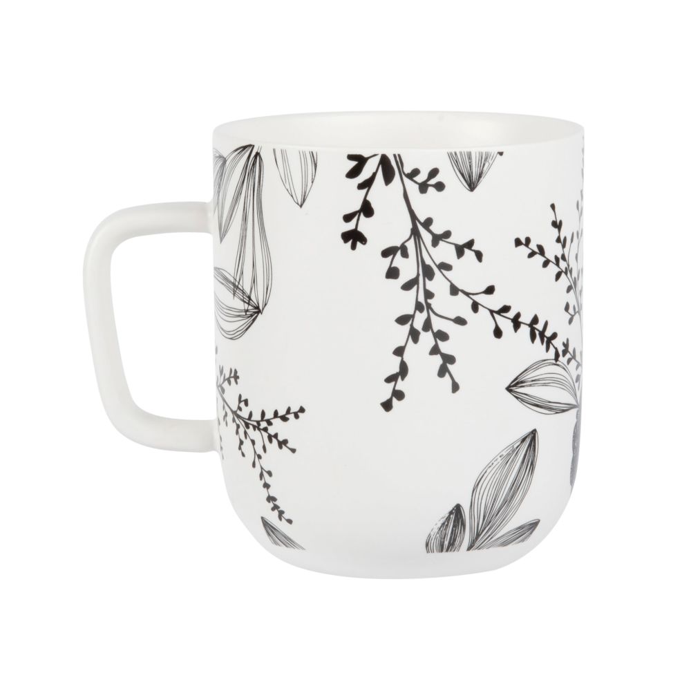 Mug en porcelaine blanche motif floral noir