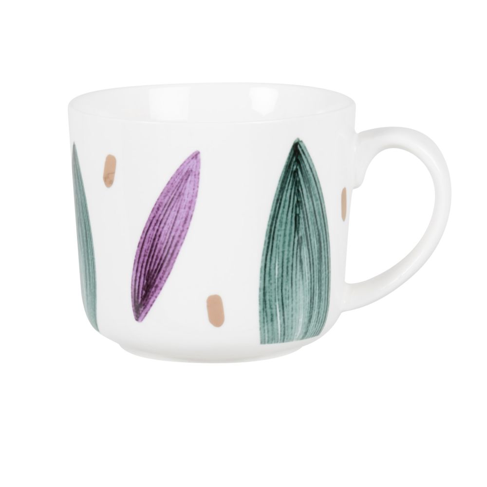 Mug en porcelaine blanche motifs graphiques verts, violets et dorés