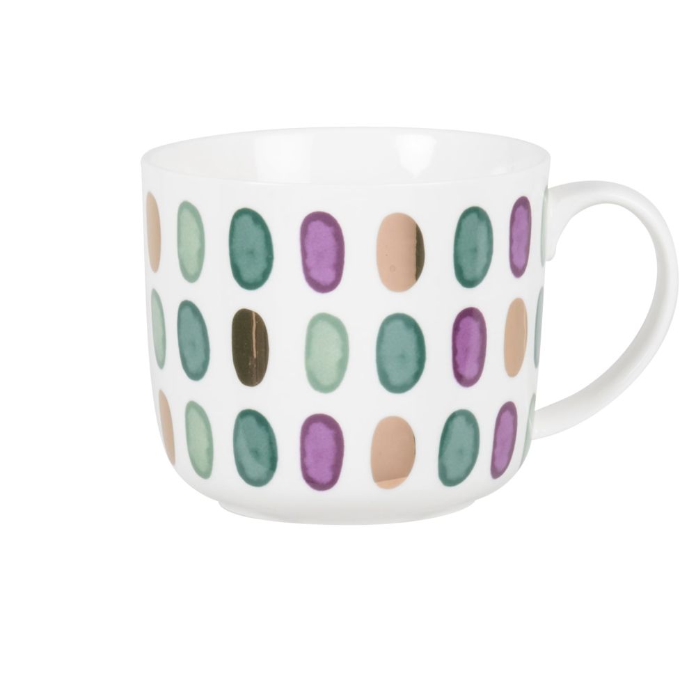 Mug en porcelaine blanche motifs pastilles vertes, violettes et dorées