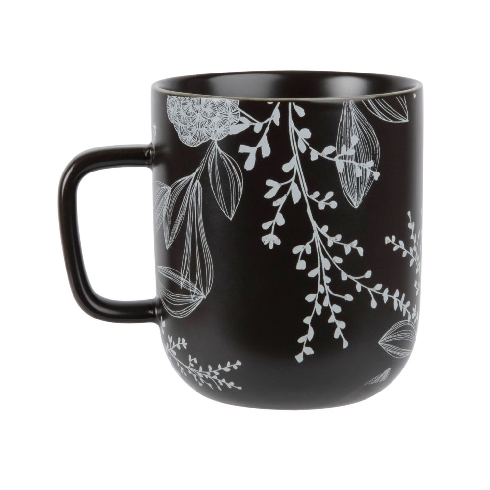 Mug en porcelaine noire motif floral blanc