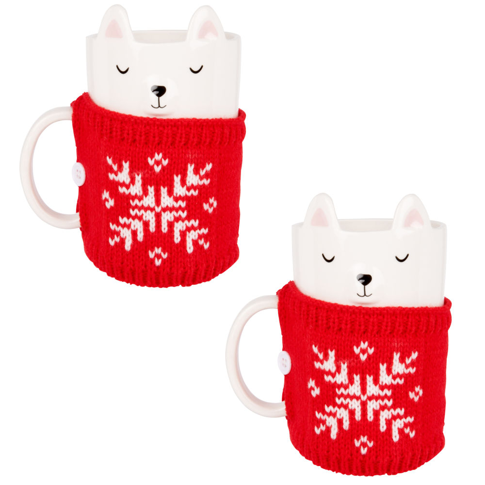 Mug ours en faïence blanche et pull en laine rouge Mug ours en faïence blanche et pull en laine rouge
