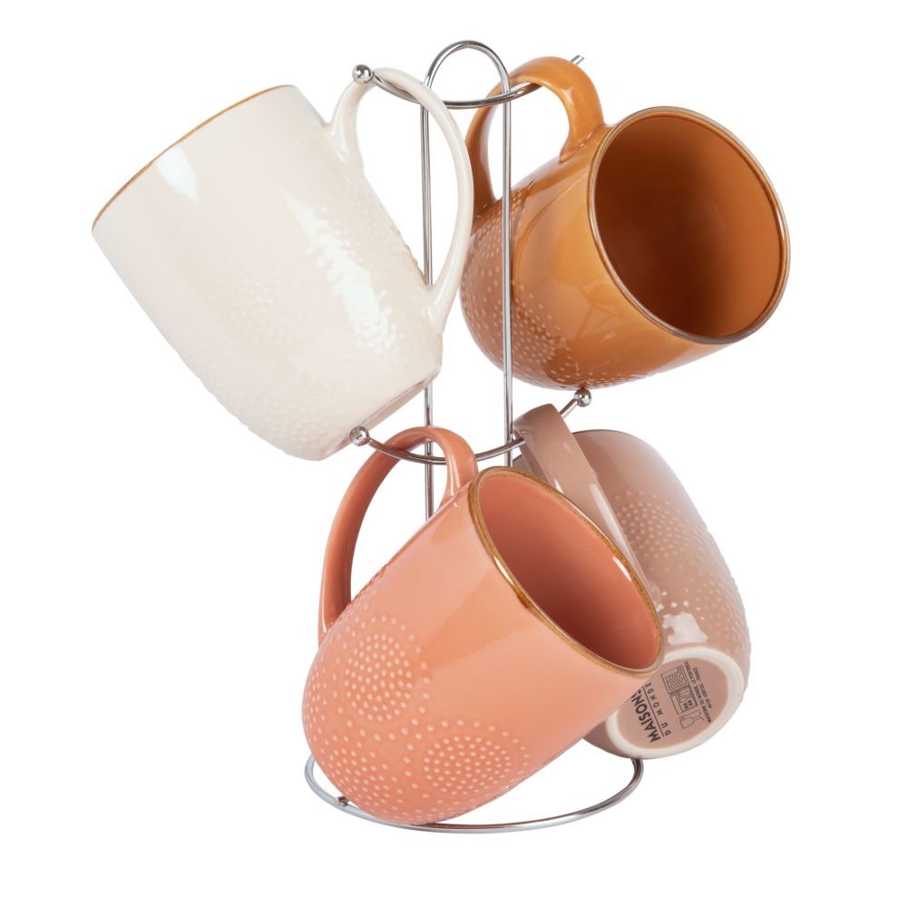 Mugs en faïence multicolore (x4) et support en métal Mugs en faïence multicolore (x4) et support en métal