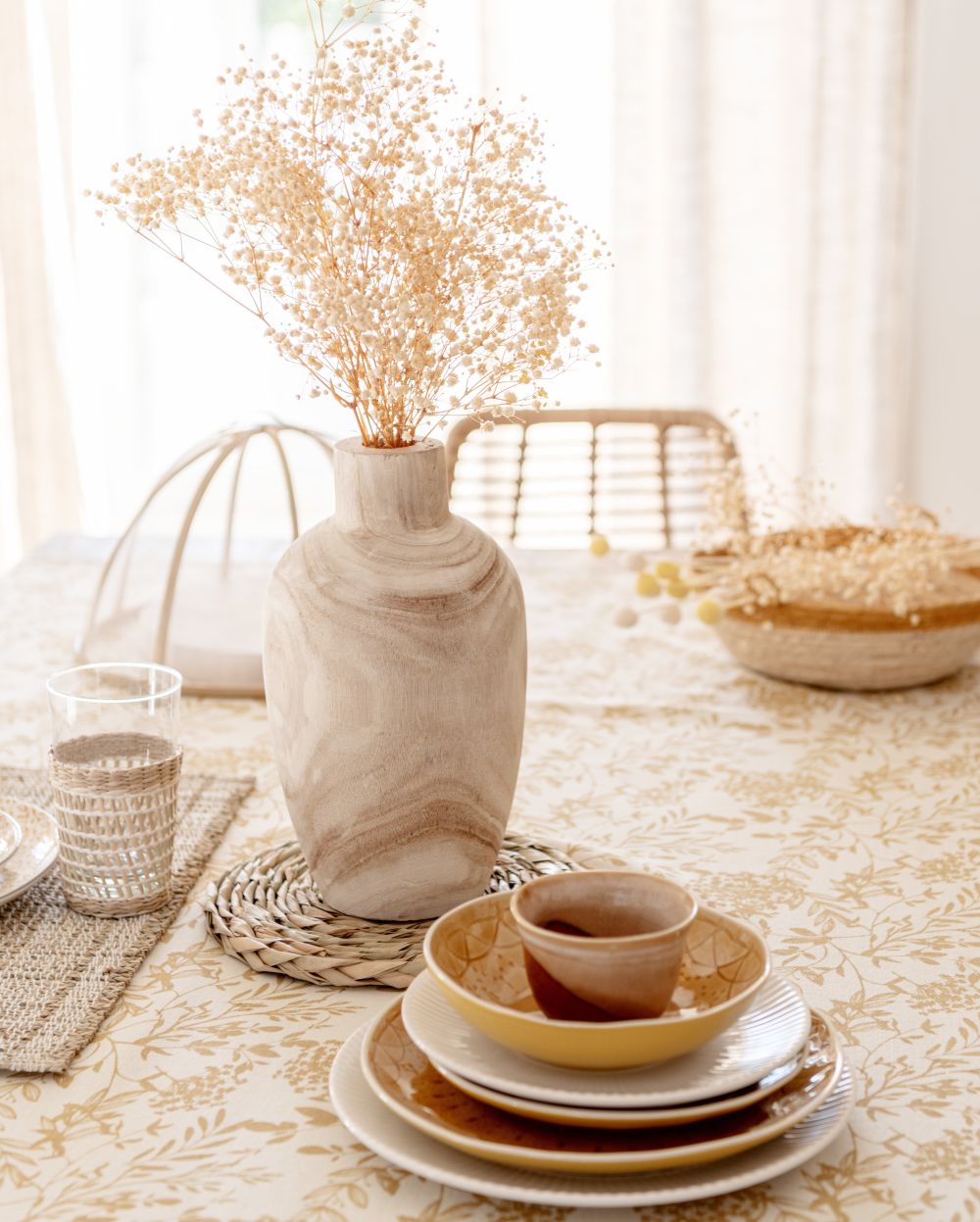 Nappe en coton bio écru imprimé floral jaune 150x250