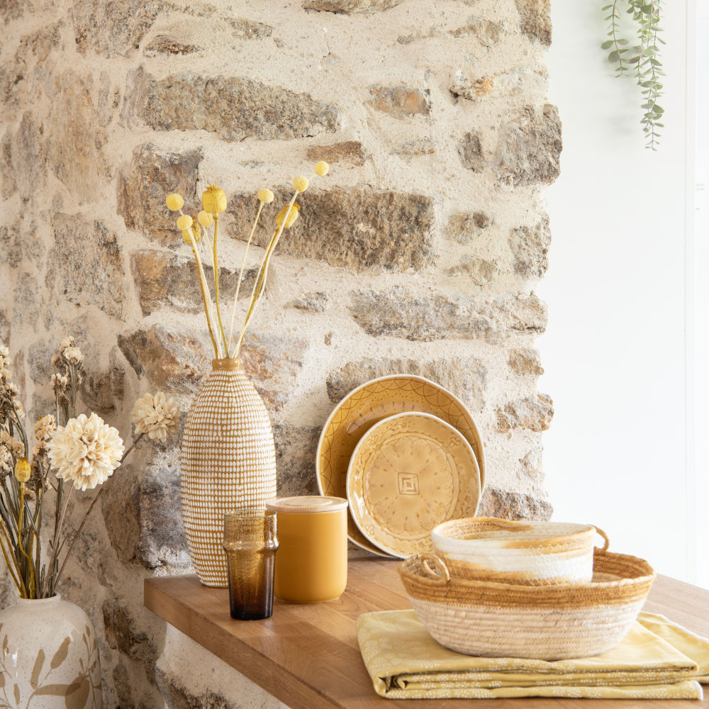 Nappe en coton bio imprimé écru et jaune 130x210