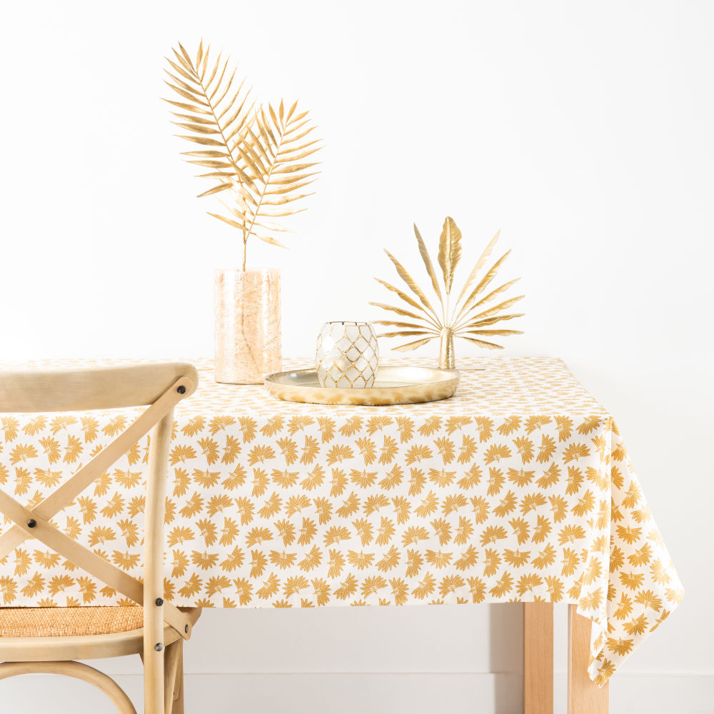 Nappe en coton bio imprimé palme blanc et jaune moutarde 130x210