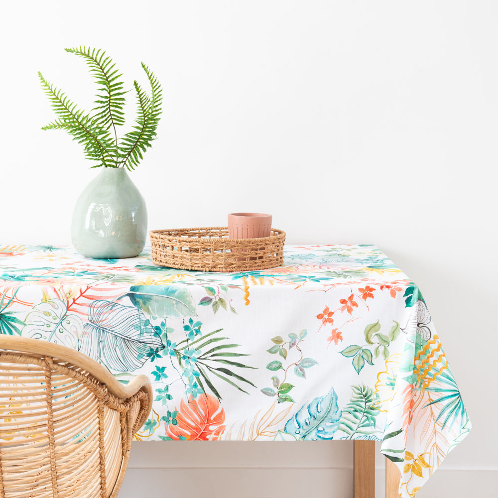 Nappe en coton bio imprimé végétal multicolore 150x250