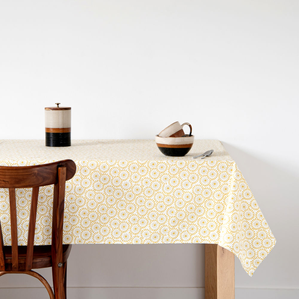 Nappe en coton enduit imprimé floral jaune moutarde, jaune et blanc 170x310 Nappe en coton enduit imprimé floral jaune moutarde, jaune et blanc 170x310