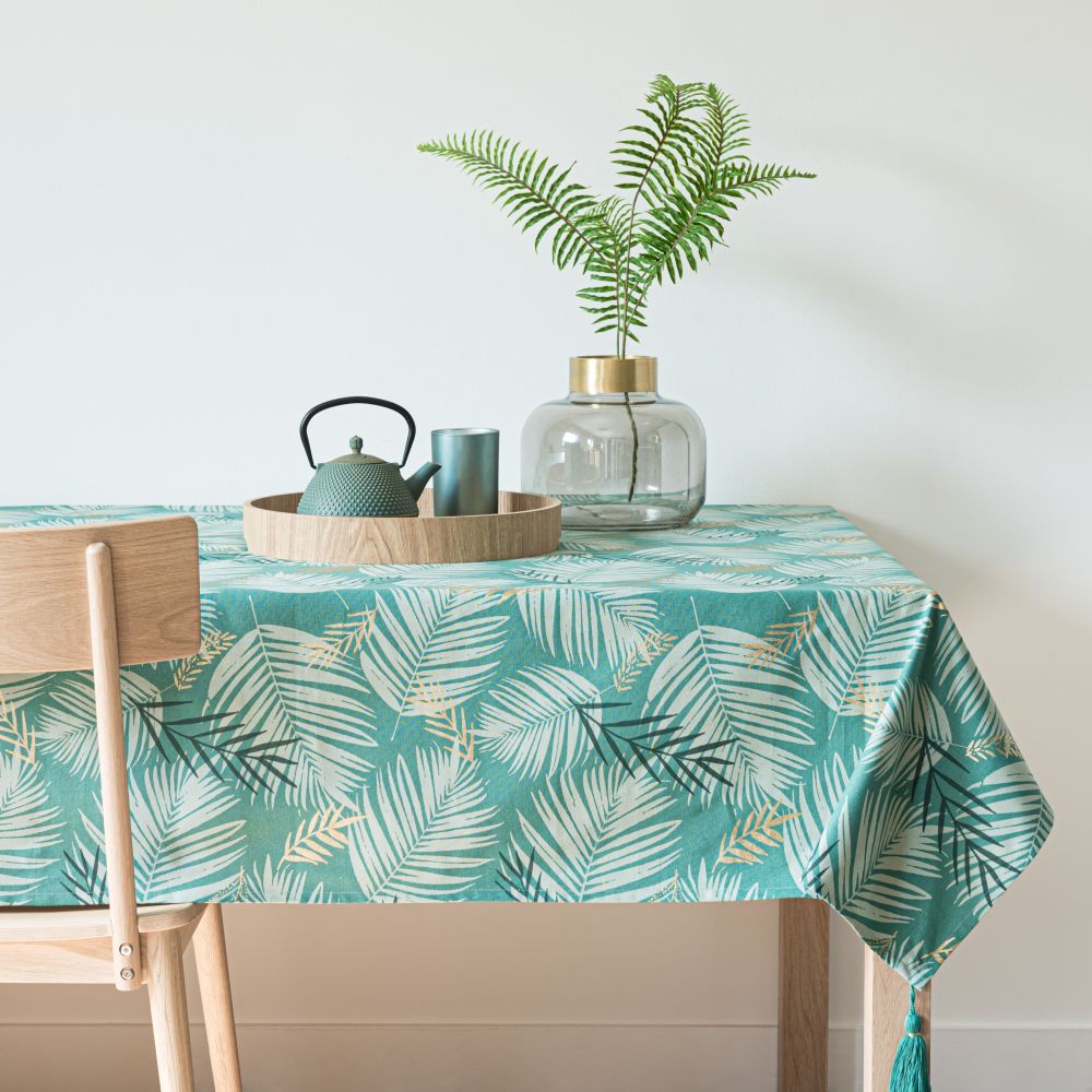 Nappe en coton vert imprimé feuilles tropicales 150x250 Nappe en coton vert imprimé feuilles tropicales 150x250