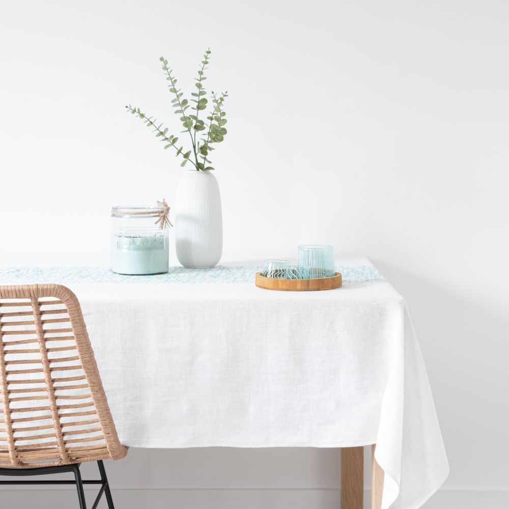 Nappe en lin imprimé géométrique vert 150x250 (photo) Nappe en lin imprimé géométrique vert 150x250