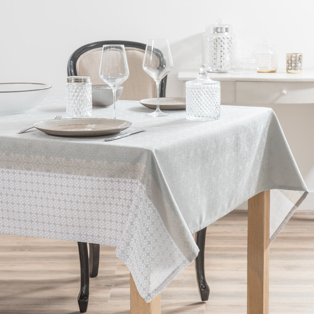 Nappe en tissu écru motifs jacquard 150x250 Nappe en tissu écru motifs jacquard 150x250