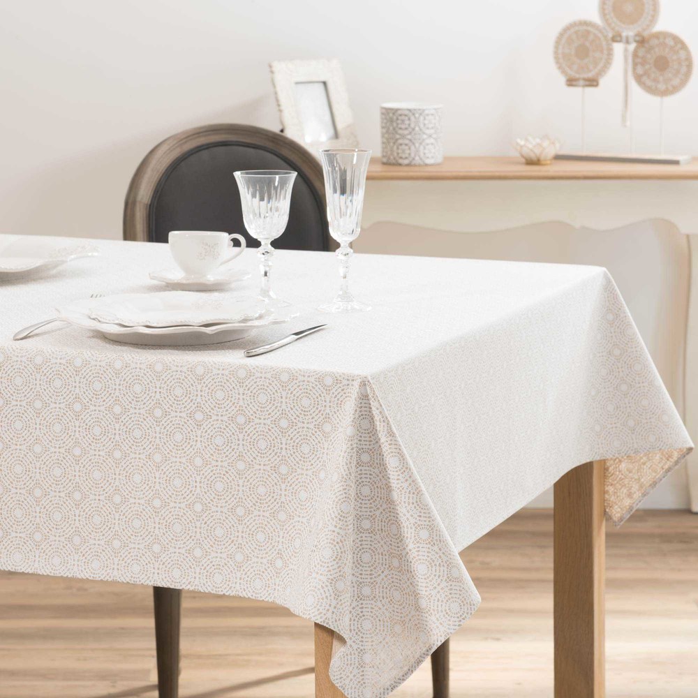 Nappe enduite imprimée blanche et beige 140x250 Nappe enduite imprimée blanche et beige 140x250