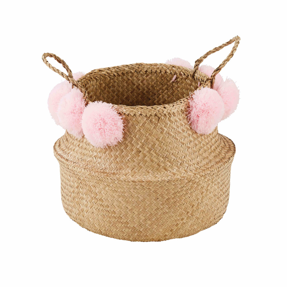 Panier thaïlandais en vannerie à pompons roses (photo) Panier thaïlandais en vannerie à pompons roses