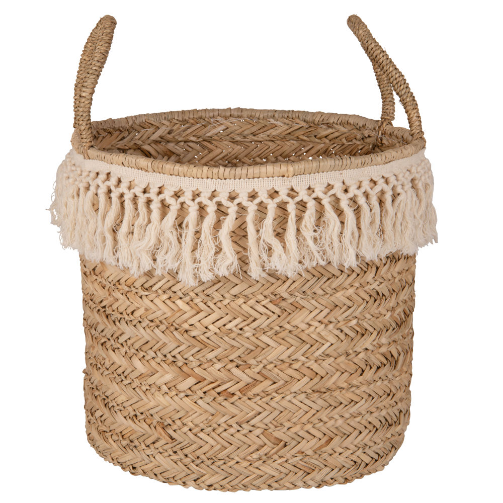 Panier tressé à franges en fibre végétale Panier tressé à franges en fibre végétale