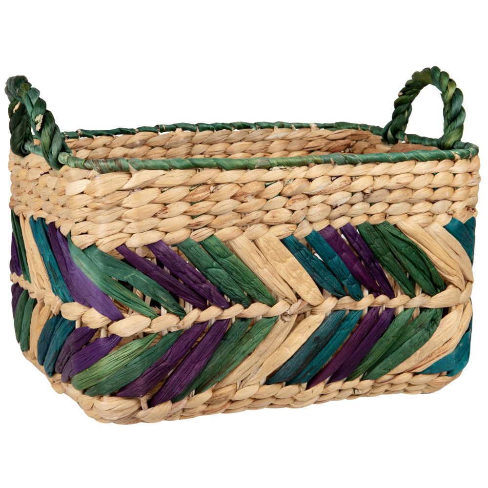 Panier tressé main en fibre végétale beige, verte et violette Panier tressé main en fibre végétale beige, verte et violette