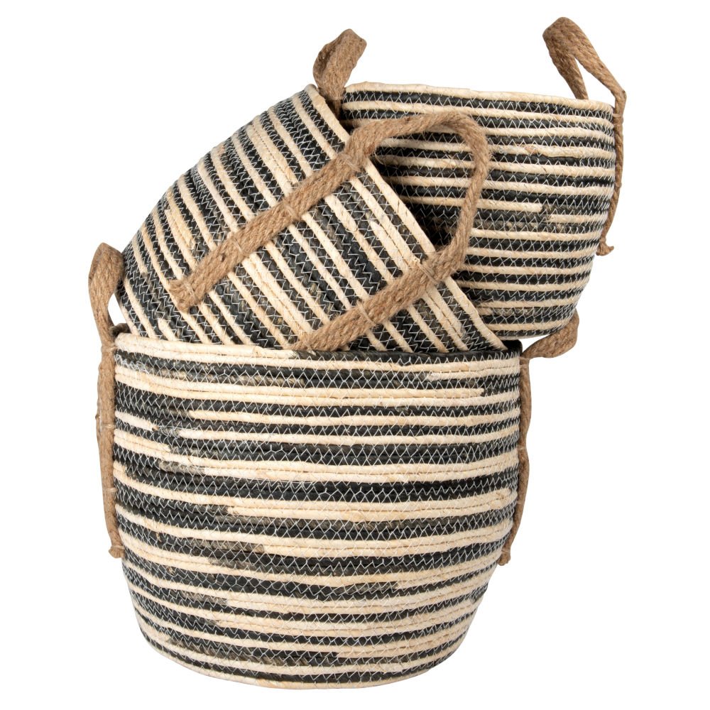 Paniers en fibre végétale coloris noir et naturel (x3) Paniers en fibre végétale coloris noir et naturel (x3)