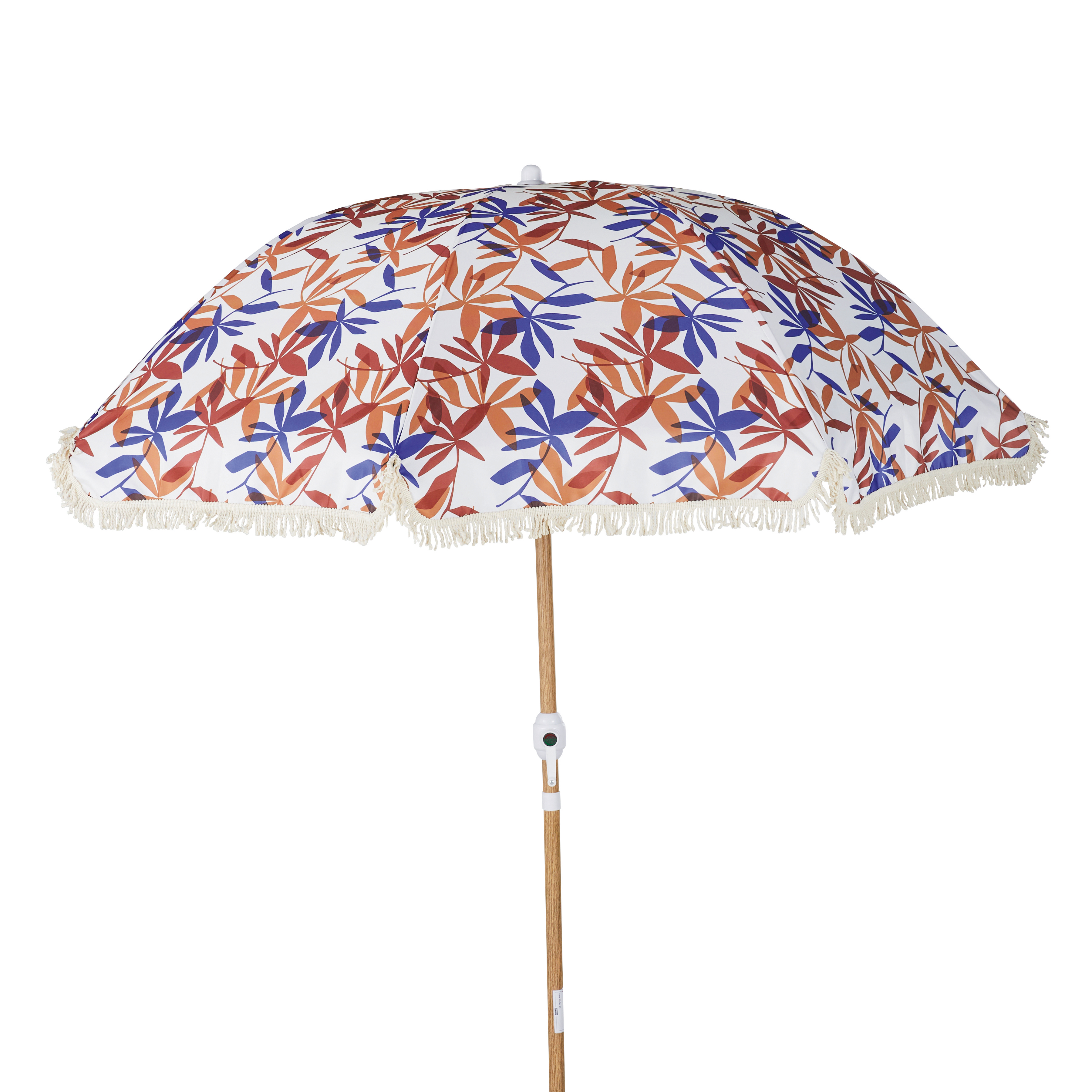 Parasol vintage 2x2m en aluminium imitation bois et toile écrue motifs feuilles marron, bleu et terracotta