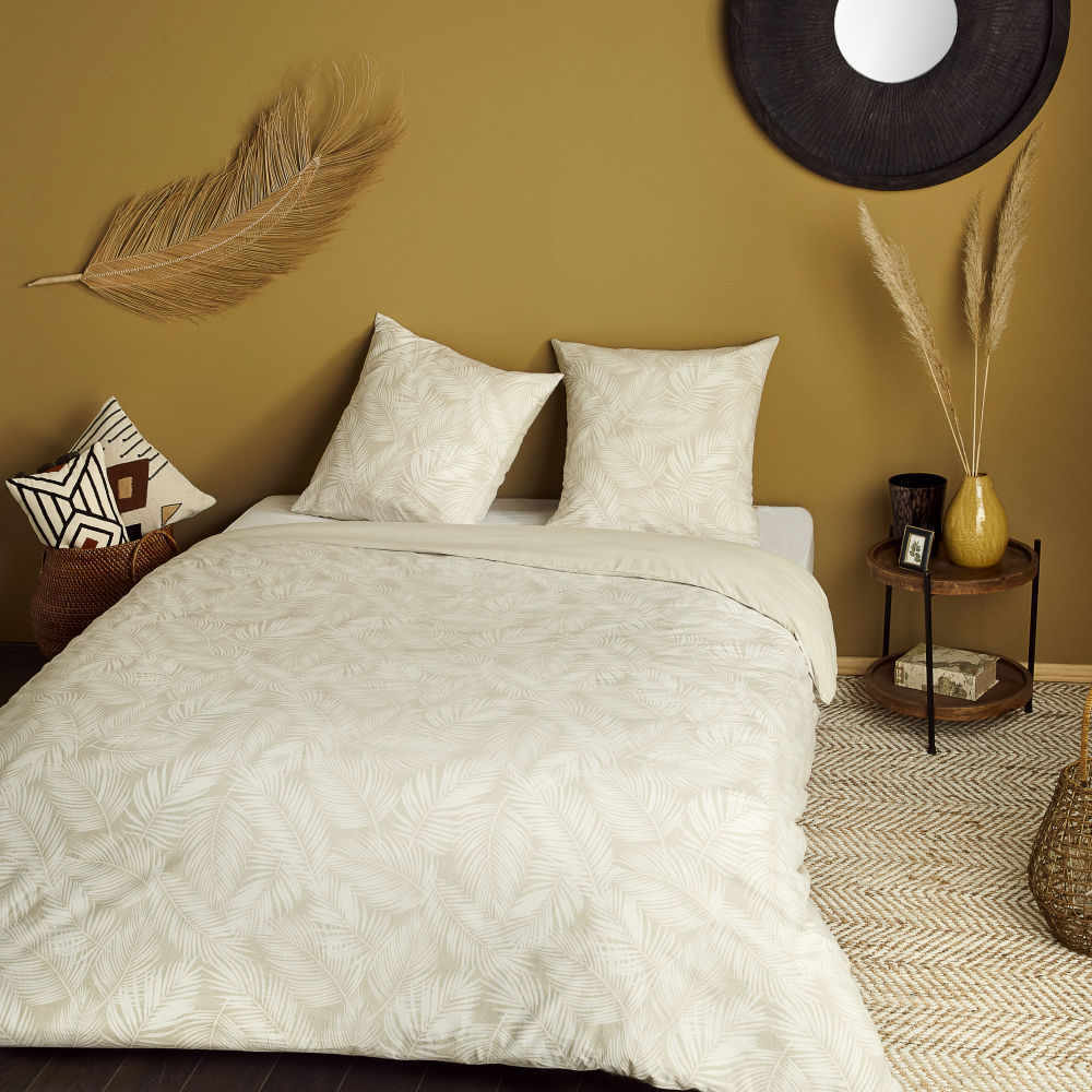 Parure da letto in cotone lavato écru e beige con stampa, 240x260 cm