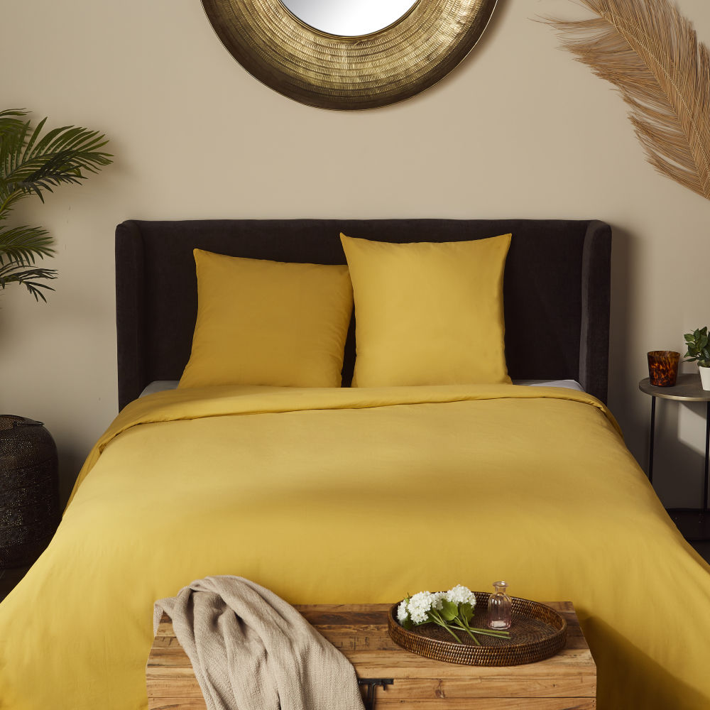 Parure de lit coton lavé bio jaune moutarde 220x240 Parure de lit coton lavé bio jaune moutarde 220x240