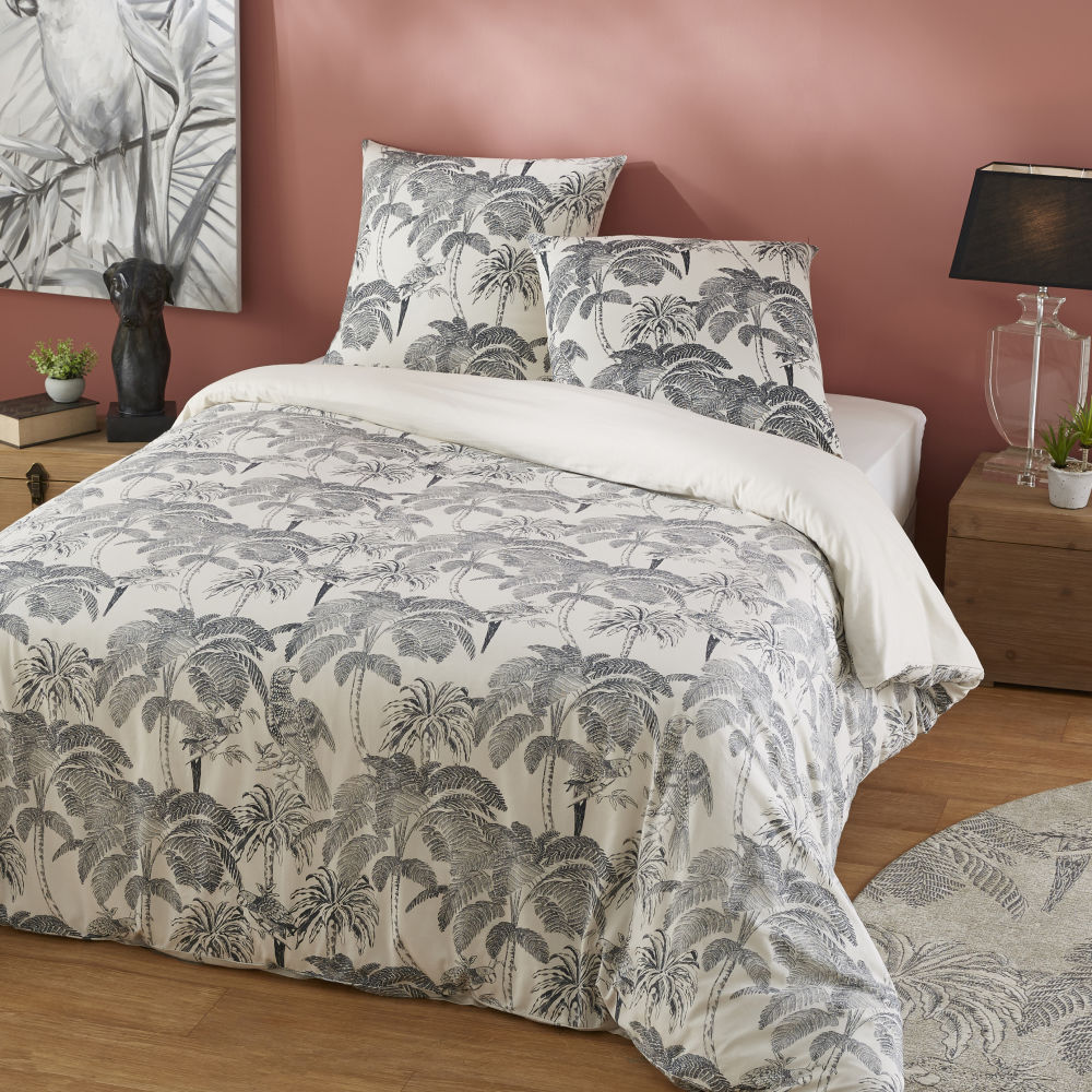Parure de lit en coton beige imprimé palmiers gris anthracite 220x240