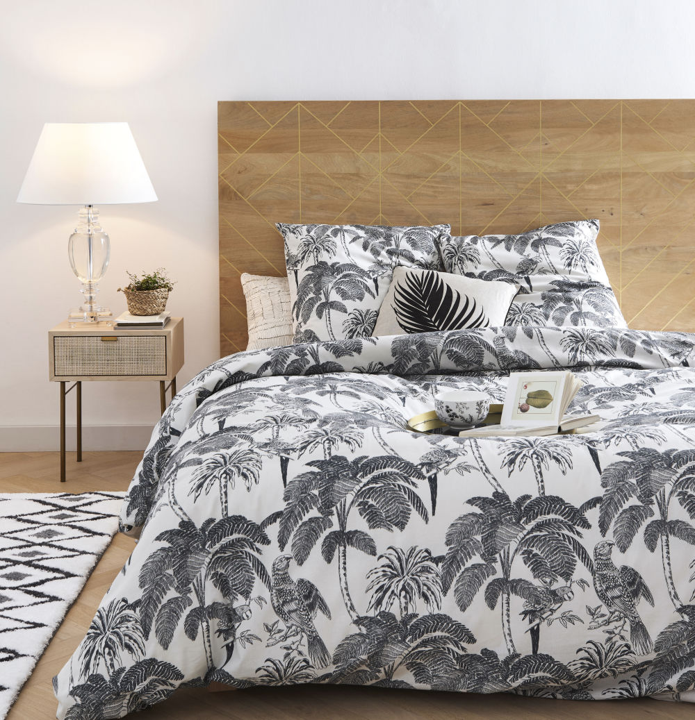 Parure de lit en coton beige imprimé palmiers gris anthracite 220x240
