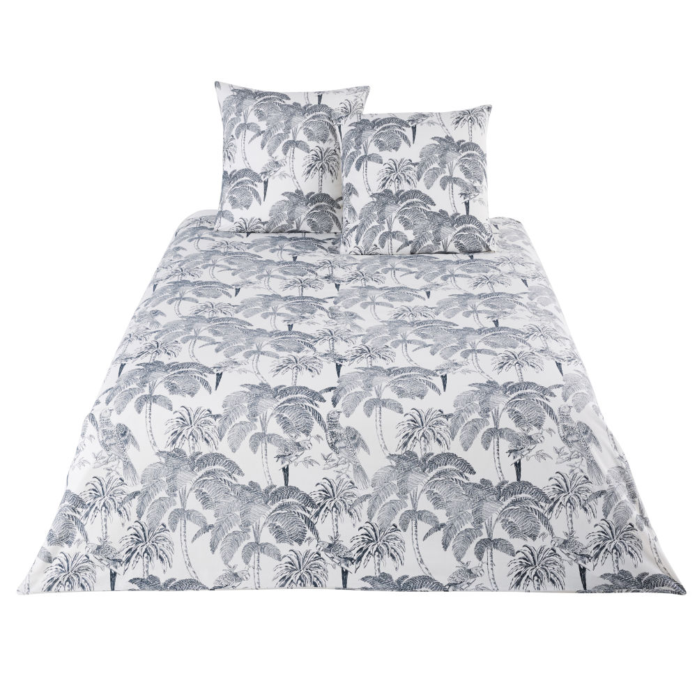 Parure de lit en coton beige imprimé palmiers gris anthracite 240x260