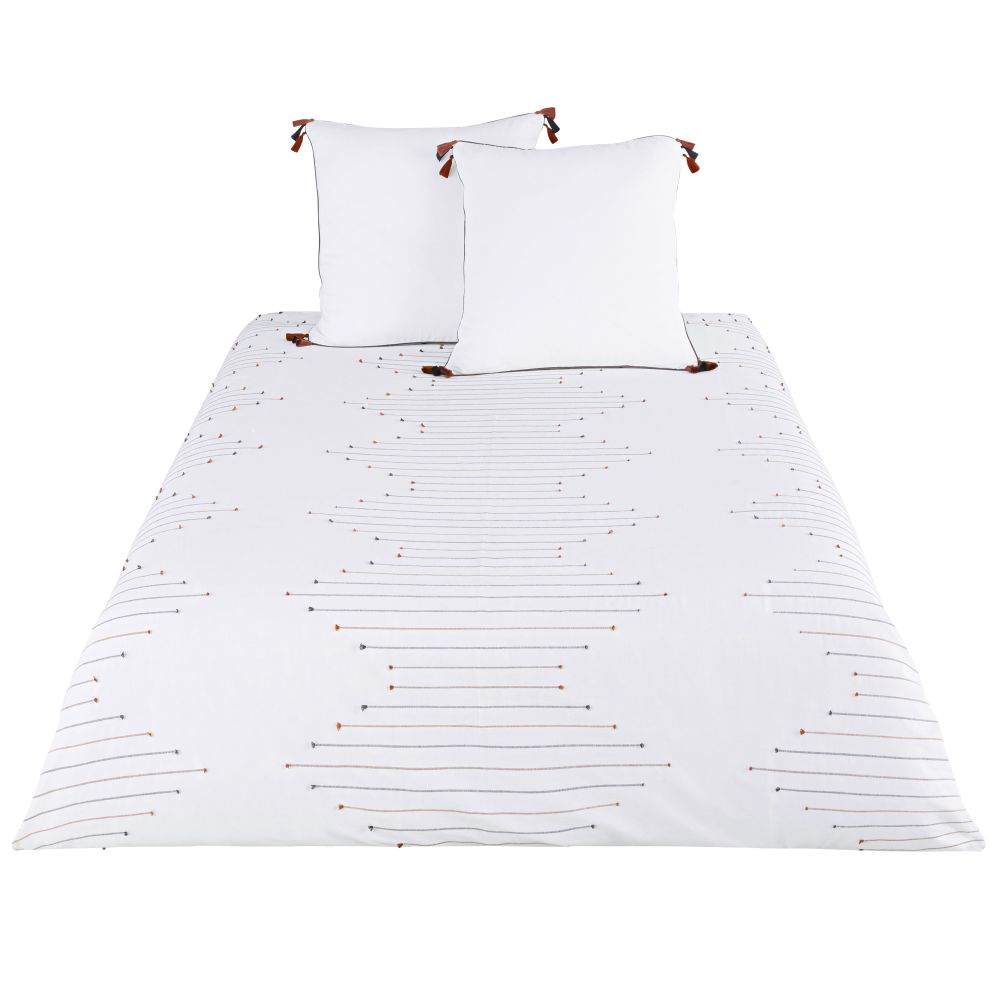 Parure de lit en coton beige, noir et terracotta à motifs brodés 220x240