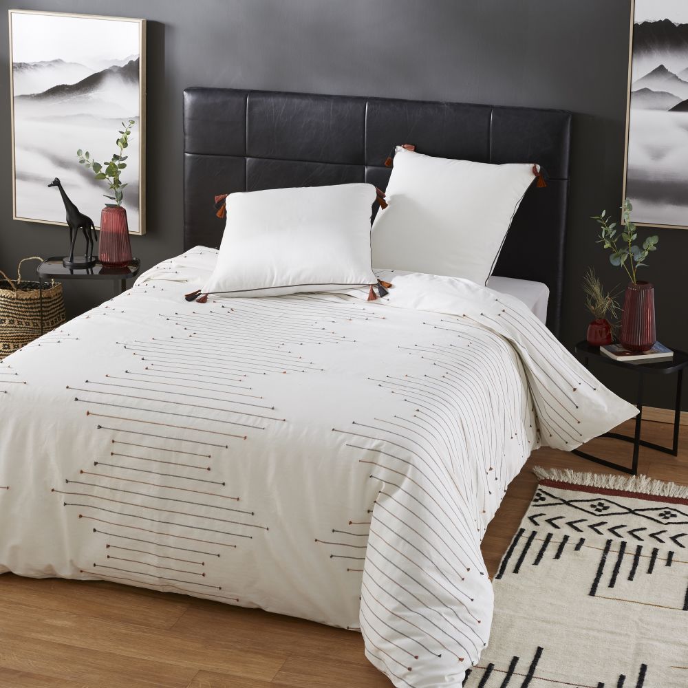 Parure de lit en coton beige, noir et terracotta à motifs brodés 240x260