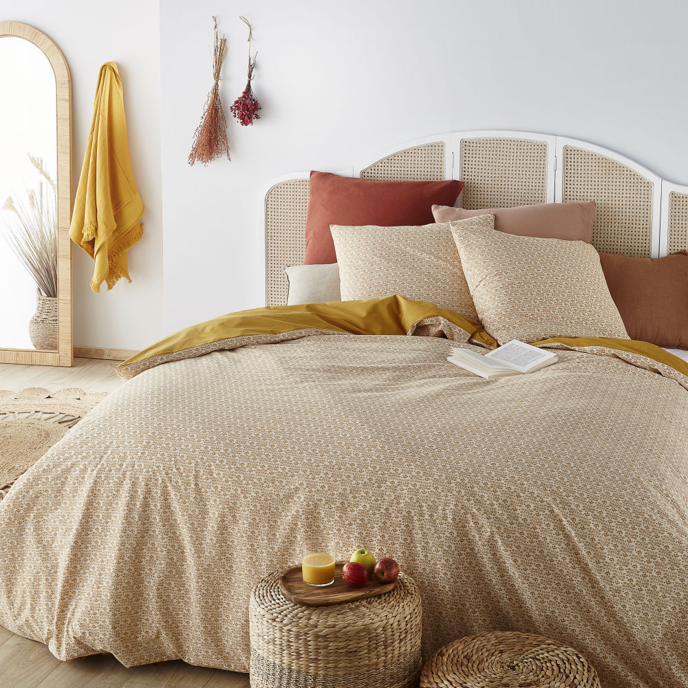 Parure de lit en coton bio caramel et vieux rose imprimé floral 240x260, OEKO-TEX® Parure de lit en coton bio caramel et vieux rose imprimé floral 240x260, OEKO-TEX®