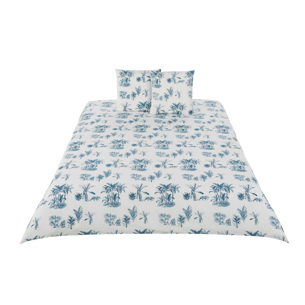 Parure de lit en coton écru et bleu canard imprimé 240x260
