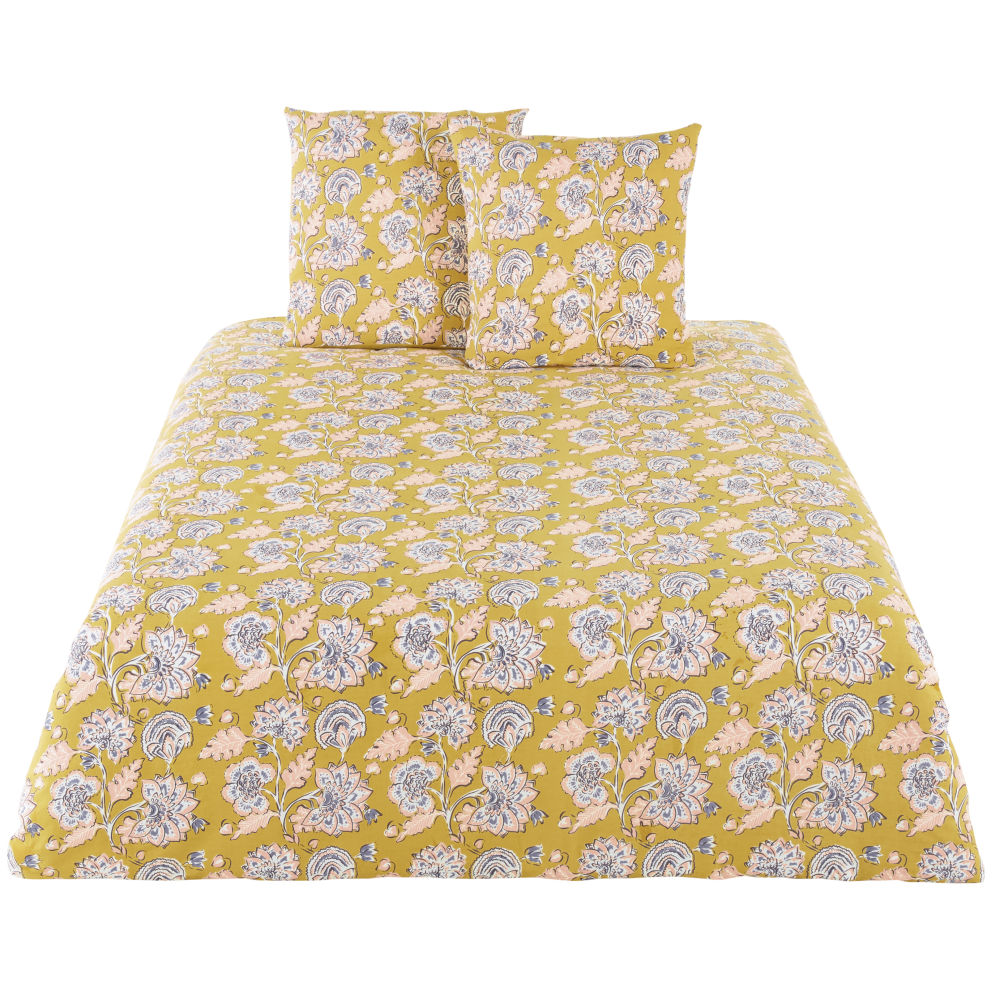 Parure de lit en coton jaune moutarde imprimé floral 220x240