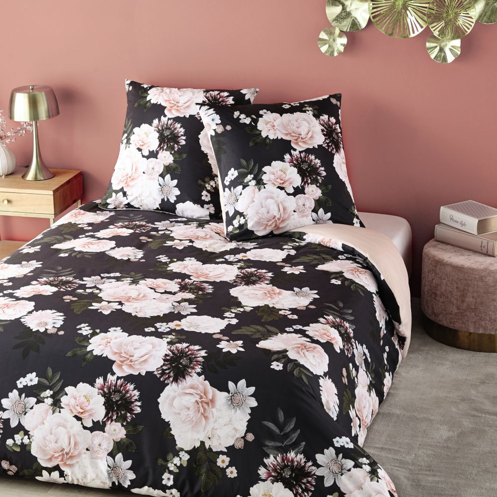Parure de lit en coton noir motif floral 240x260