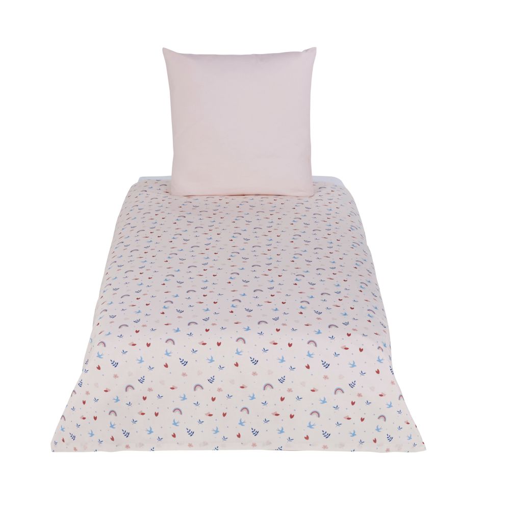 Parure de lit enfant en coton bio rose et bleu à motifs 140x200 (photo) Parure de lit enfant en coton bio rose et bleu à motifs 140x200