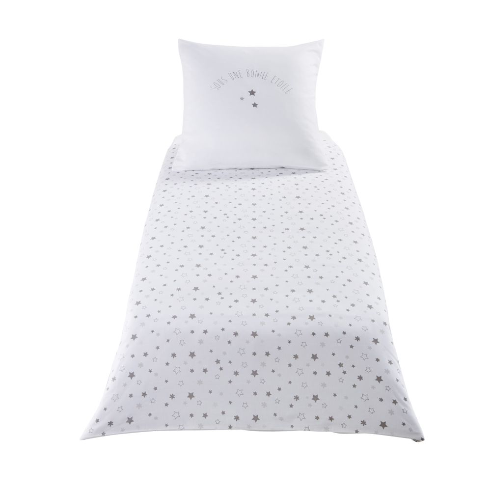 Parure de lit enfant en coton blanc motifs étoiles 140x150 (photo) Parure de lit enfant en coton blanc motifs étoiles 140x150