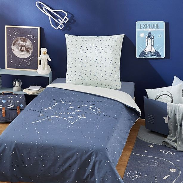 Parure de lit enfant en coton bleu marine imprimé 140x200 (photo) Parure de lit enfant en coton bleu marine imprimé 140x200