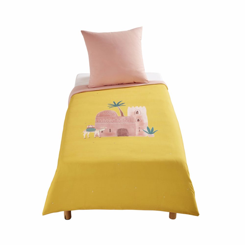 Parure de lit enfant en coton rose et jaune moutarde imprimé 140x200 (photo) Parure de lit enfant en coton rose et jaune moutarde imprimé 140x200