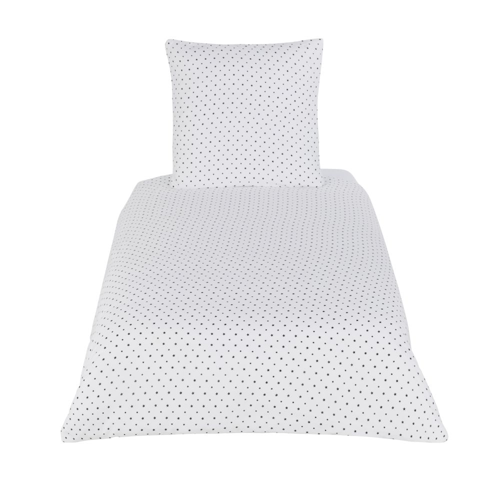 Parure de lit enfant en gaze de coton blanc motifs pois et étoiles noirs 140x200