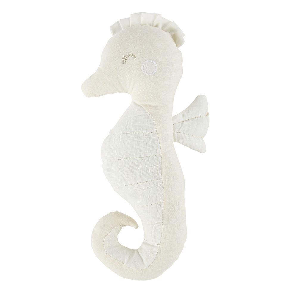 Peluche hippocampe en lin et coton rose et blanc avec broderies dorées Peluche hippocampe en lin et coton rose et blanc avec broderies dorées