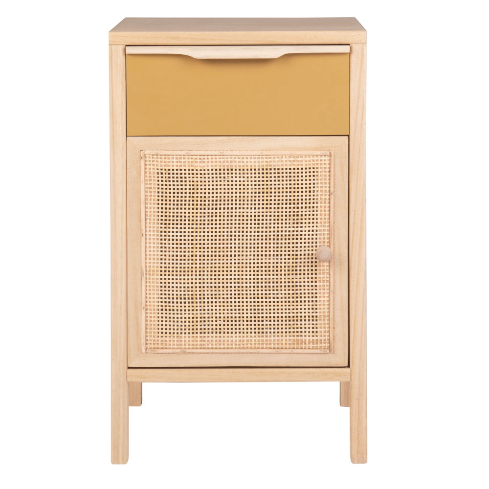 Petit meuble 1 porte en cannage et 1 tiroir jaune (photo) Petit meuble 1 porte en cannage et 1 tiroir jaune