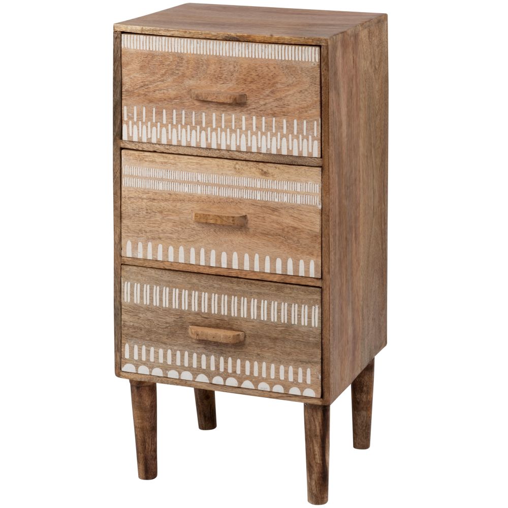 Petit meuble de rangement 3 tiroirs en manguier à motifs blancs (photo) Petit meuble de rangement 3 tiroirs en manguier à motifs blancs