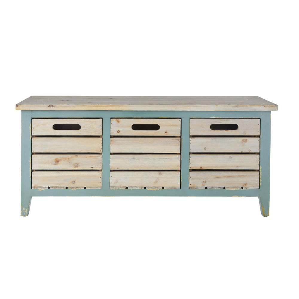 Petit meuble de rangement 3 tiroirs en vert et bois blanchi Petit meuble de rangement 3 tiroirs en vert et bois blanchi