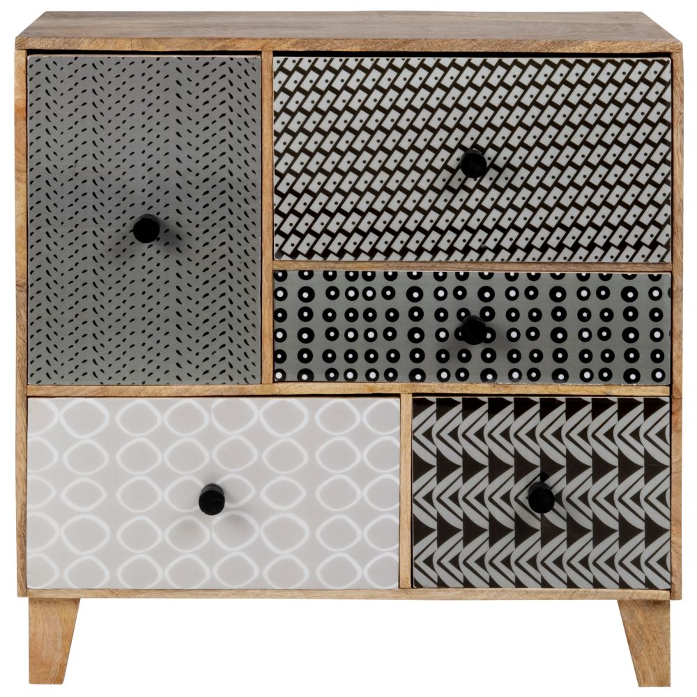 Petit meuble de rangement 5 tiroirs en manguier massif à motifs fantaisies gris, noirs et blancs Petit meuble de rangement 5 tiroirs en manguier massif à motifs fantaisies gris, noirs et blancs